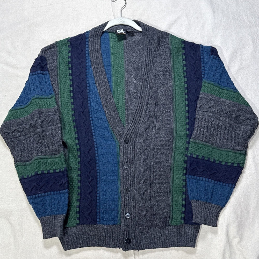 90s Jed Grandpa Fuzzy Cardigan sweater Ribbed Stripes Grunge Cobain Lapel L